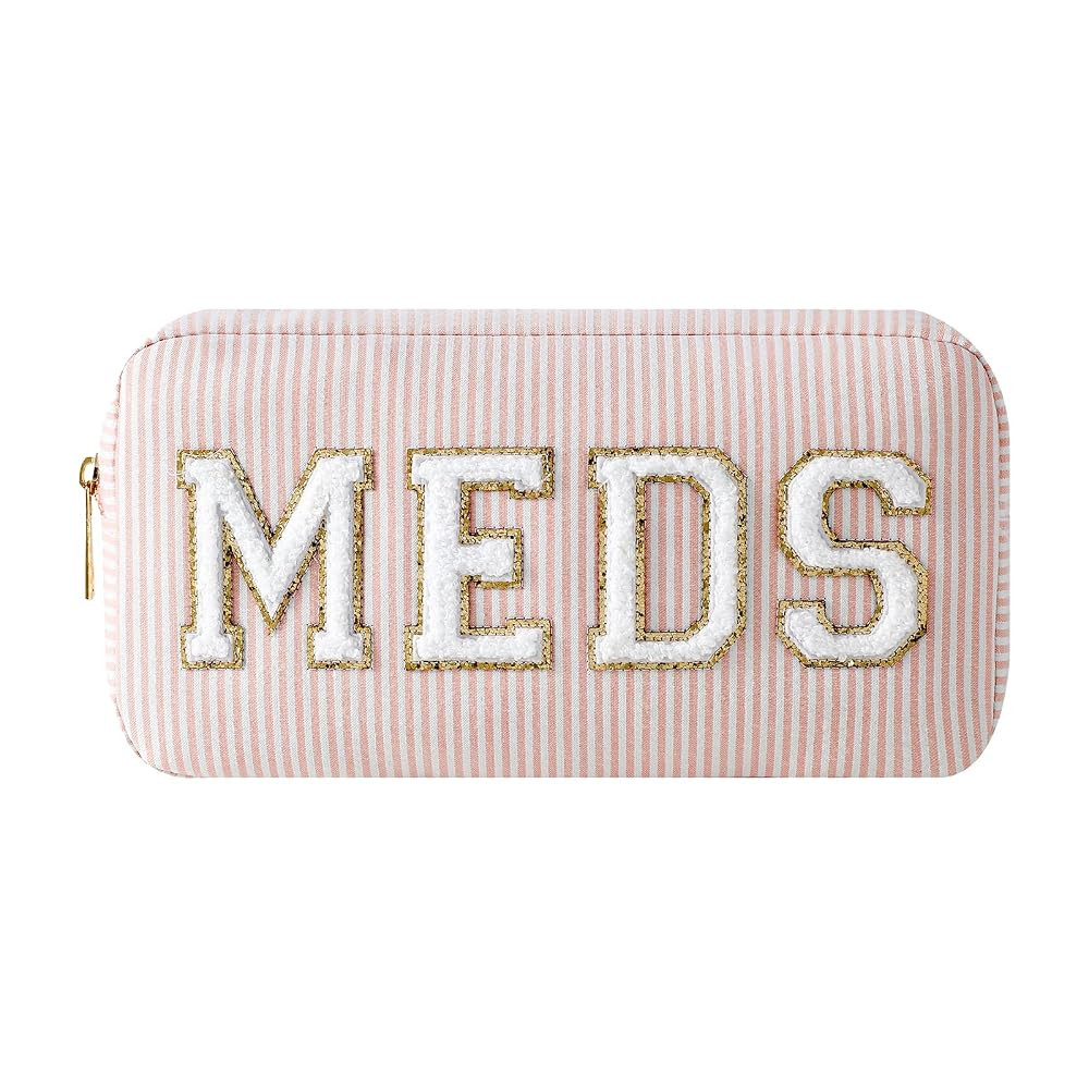 uekeboag Seersucker Chenille Letter Stuff Meds RX Makeup Bag, Travel Washable Purse Organizer wit... | Amazon (US)