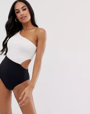 Seafolly one shoulder swimsuit in black and white color block | ASOS US