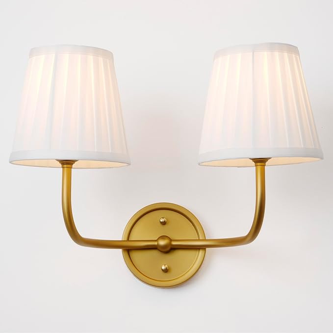 Vintage 2-Lights Wall Sconce Light Brass Gold Bathroom Vanity Light with White Fabric Shade Hardw... | Amazon (US)