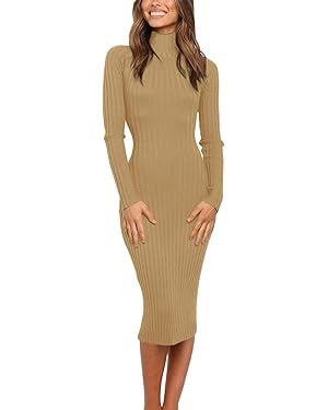 MEROKEETY Women's Ribbed Long Sleeve Sweater Dress High Neck Slim Fit Knitted Midi Dress | Amazon (US)