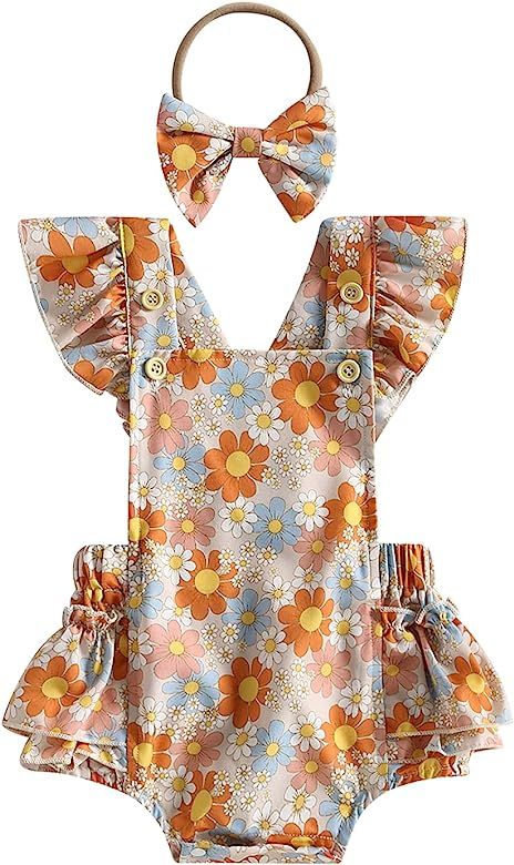 YINGISFITM Toddler Baby Girl Summer Clothes Floral Print Sleeveless Ruffle Romper and Headband Cu... | Amazon (US)