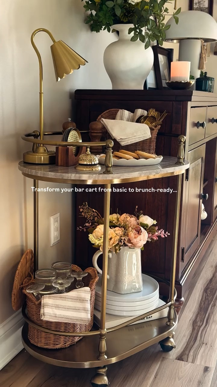 Transform your bar cart from basic to brunch-ready…

Step 1: Add height, stack plates, books, or glasses for instant dimension.
Step 2: Anchor with one standout piece, like a vase or small lamp.
Step 3: Group in 3s, mix textures, brass, wicker, ceramic, for a collected feel.
Step 4: Style with intention, every piece has its place.

Don’t forget to save this for later!

Everything here is a mix of older + unique finds, but this is all about the inspiration. Save it and recreate it with your own pieces 🤍

#homedecor #howto #barcart