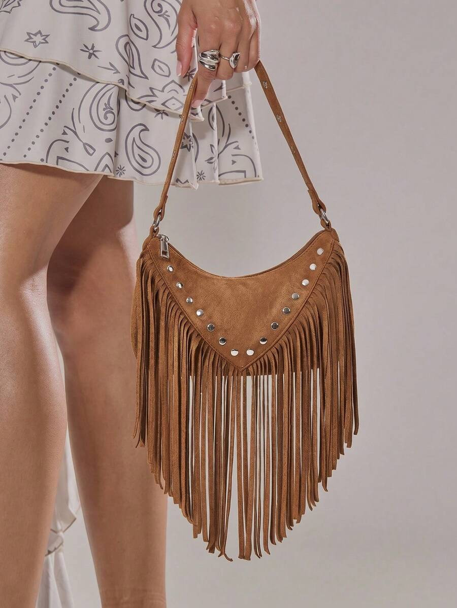 MUSERA Studded Fringed Tassle Faux Leather Handbag For Going Out Daily Spring Holiday Accessory,R... | SHEIN