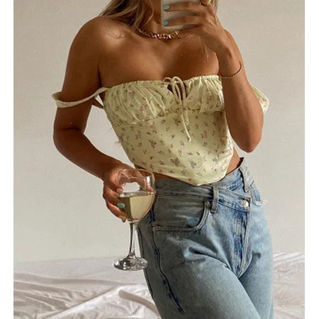 Women Summer Sexy Floral Vest Off Shoulder Low-cut Backless Yellow Crop Tops | Walmart (US)