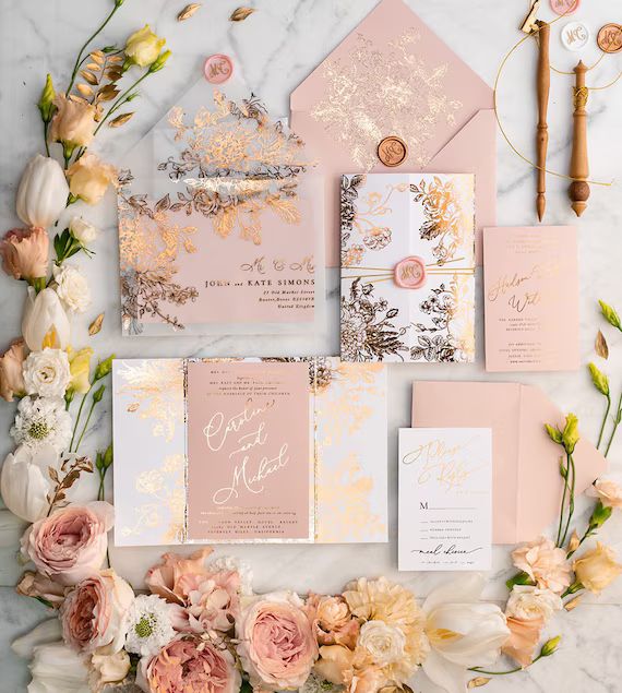 Elegant Gold Wedding Invitations Romantic Shiny Invites Blush - Etsy | Etsy (US)