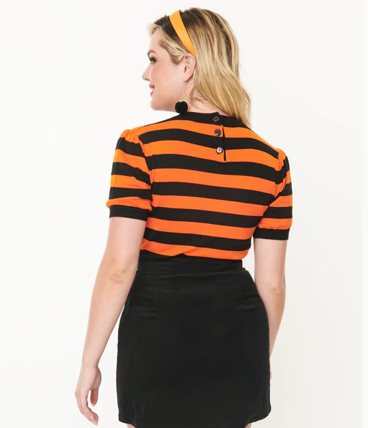 Smak Parlour 1950s Black & Orange Stripe Heart Sweater | UniqueVintage