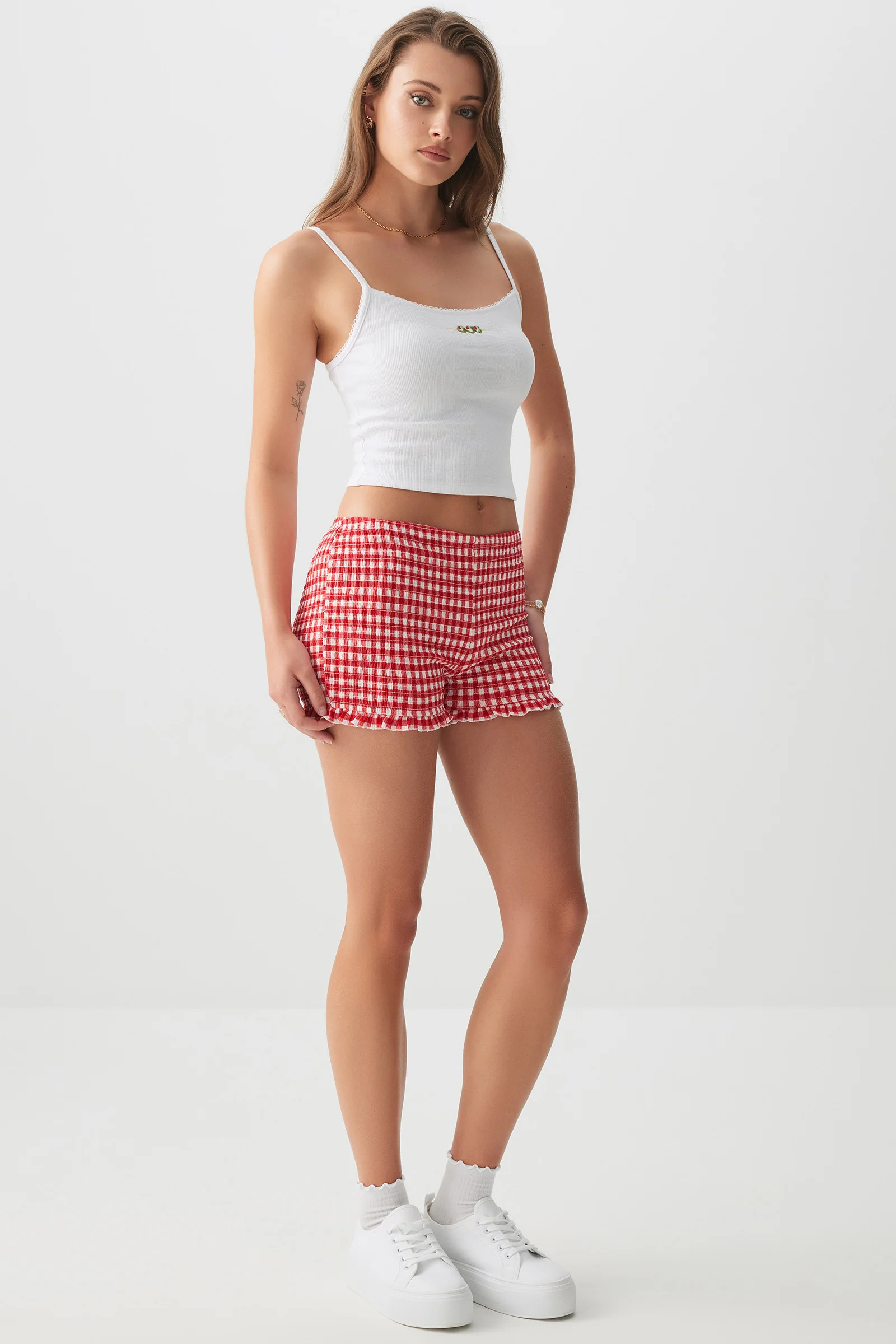 Smocked Gingham Shorts with Ruffled Hem | Ardene
