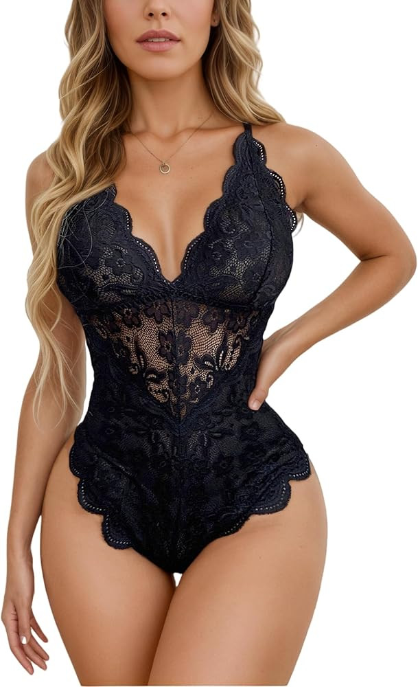 dream love Women Snap Crotch Lingerie Sexy Lace Bodysuit Deep V Teddy Sleepwear One Piece Lace Ba... | Amazon (US)