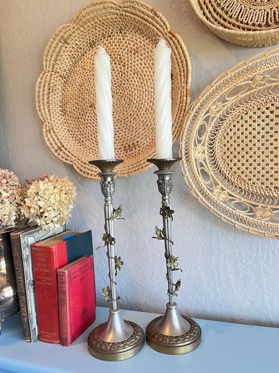 Vintage Pair of Large Ornate Brass Metal Floral Candlestick - Etsy | Etsy (US)