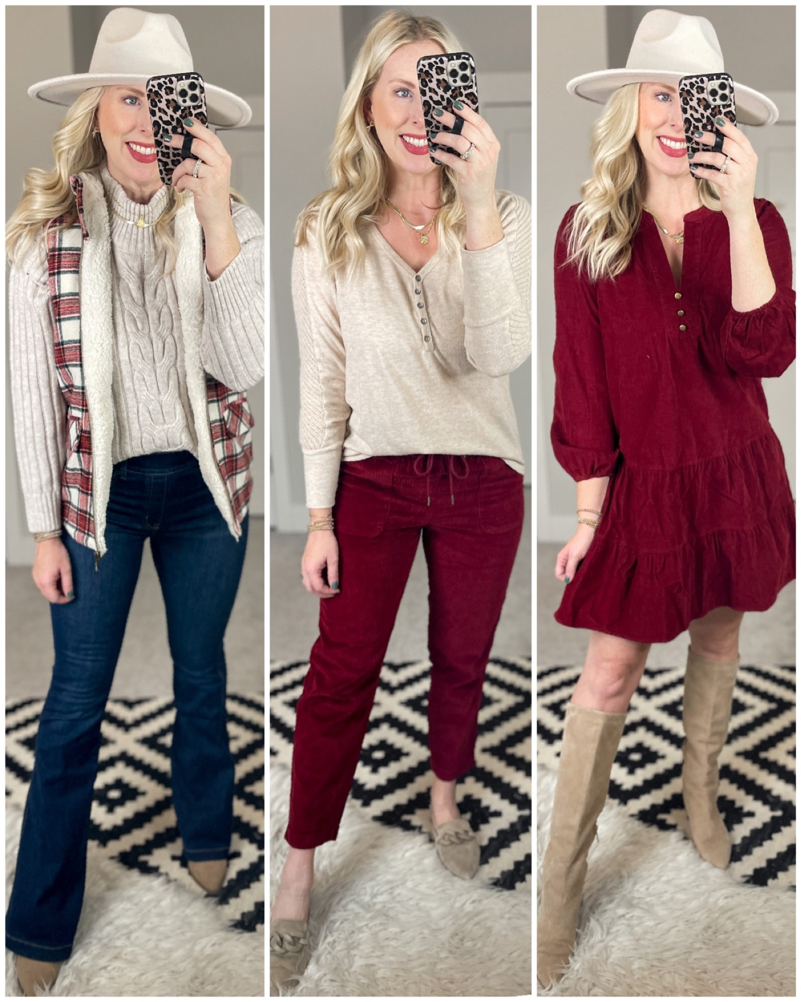 Daily try on, Walmart outfit, Walmart fashion, time and tru, corded dress, knee high boots, corded pants, workwear, teacher outfit, flare jeans, neutral sweater, plaid vest 

#LTKunder50 #LTKstyletip #LTKSeasonal