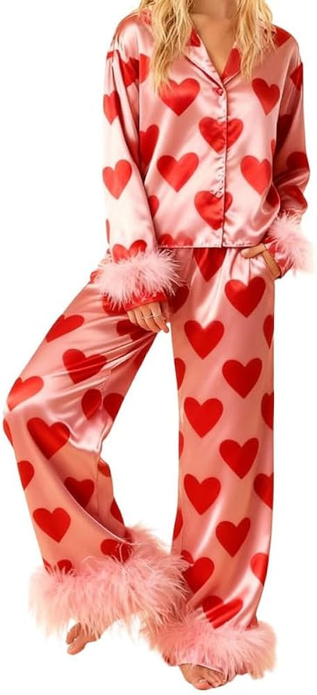 Women Valentine’s Day Feather Trim Pajamas Heart Printed Long Sleeve Shirt Pants Pjs Satin Silk... | Amazon (US)