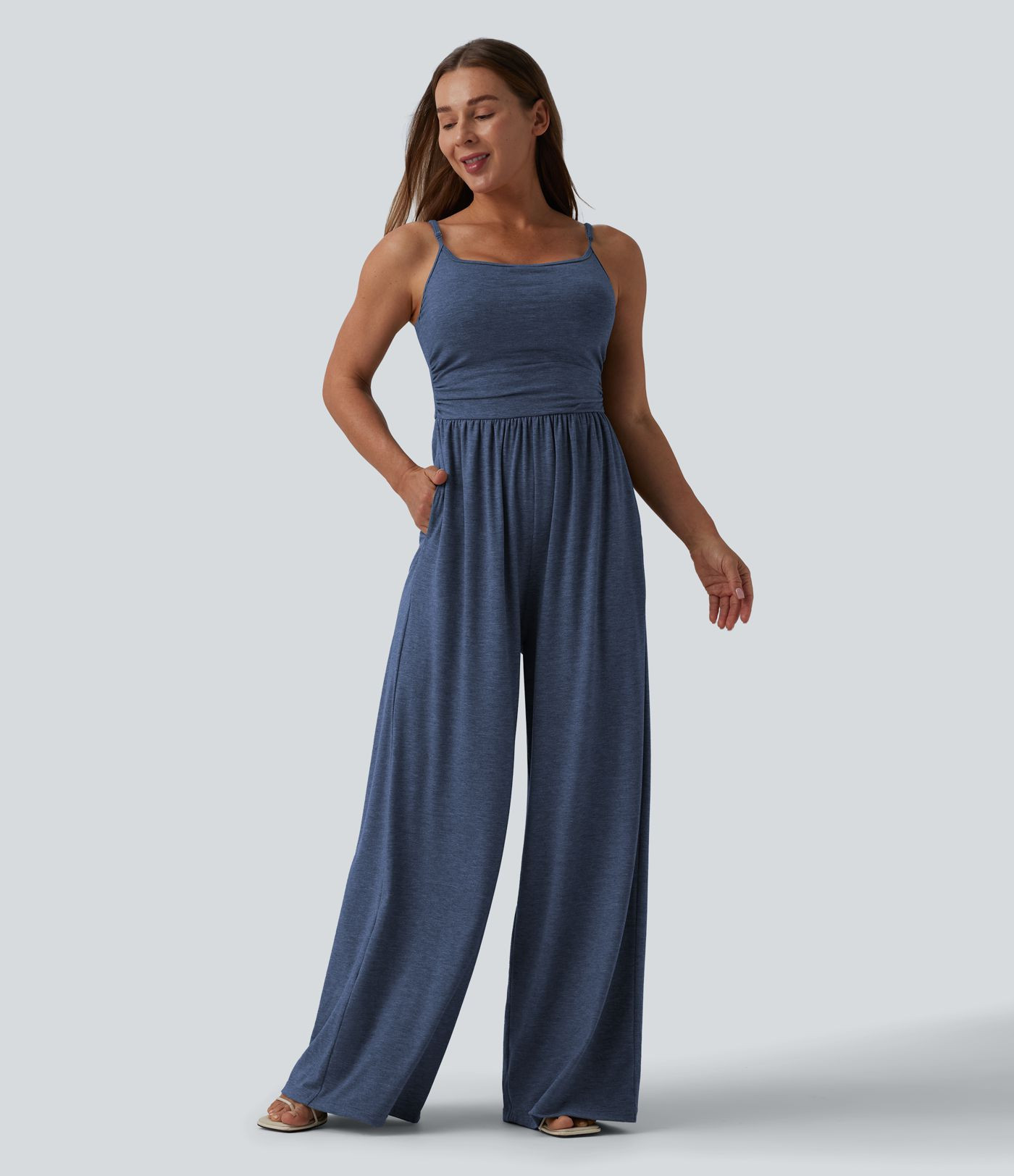 Adjustable Straps Ruched Wide Leg Heathered Casual Jumpsuit with Pockets-Easy Peezy | HALARA