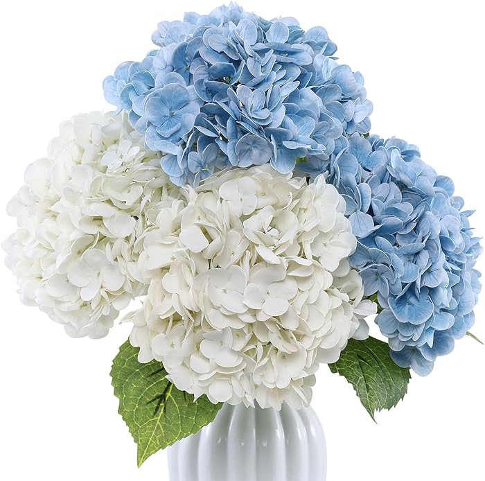 4pcs White Blue Lifelike Hydrangea Artificial Flowers 22inch Real Touch Faux Hydrangea Flower Ste... | Amazon (US)