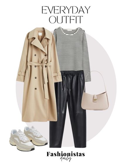 Out and about with a H&M outfit ✨ trenchcoat, leather joggers, striped shirt, sneakers, small bag 

#LTKfit #LTKeurope #LTKstyletip