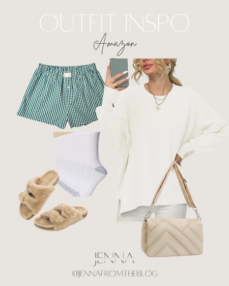Spring outfit. Spring outfit idea. Casual outfits. Casual outfit idea. Oversized sweater. Fuzzy sandals. Slippers. Boxer shorts. 90’s outfit.  Mom outfit.


#LTKfindsunder50 #LTKSeasonal #LTKfindsunder100
