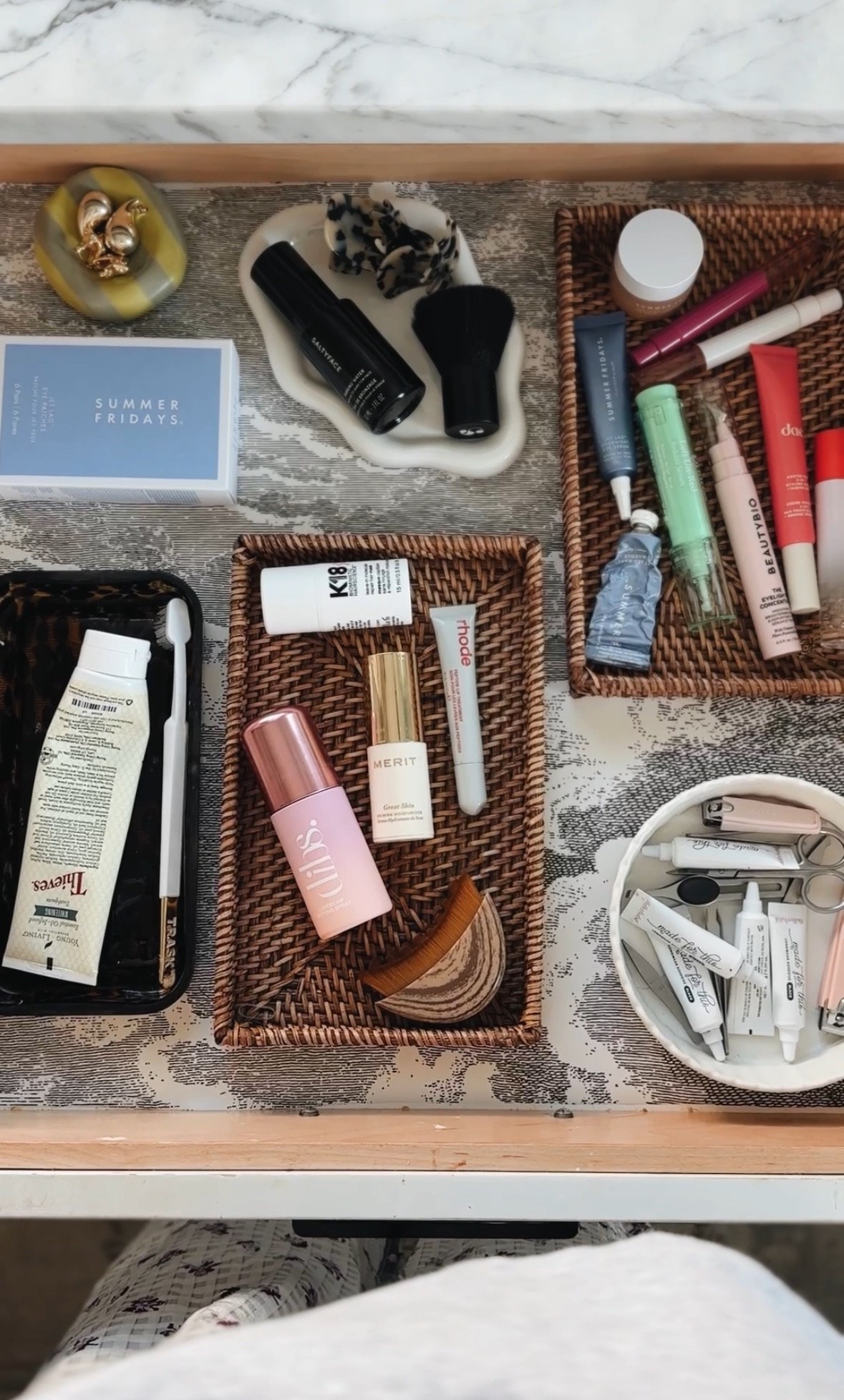 Bathroom drawer organization (and wallpaper because why not) / Skincare and beauty faves

#LTKHome #LTKgrwm #LTKBeauty
