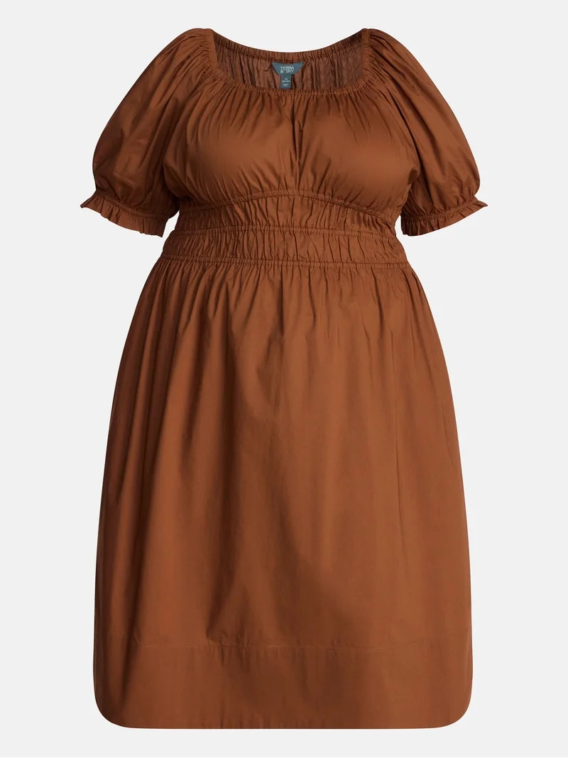 Terra & Sky Women's Plus Smocked Cotton Midi Dress with Short Puff Sleeves, Sizes- 0X-5X | Walmart (US)