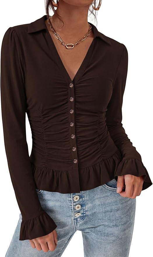 BTFBM Fitted Button Down Shirts for Women Dressy Casual Tops | Amazon (US)