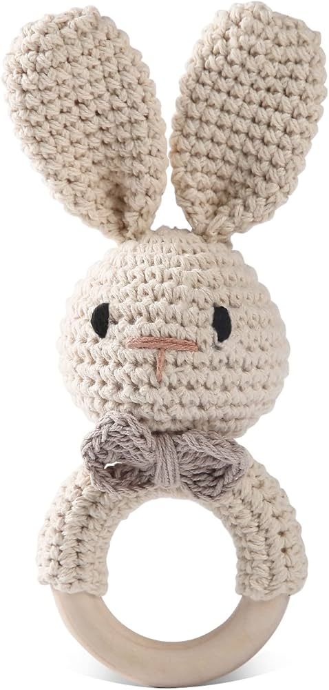 Wooden Baby Rattle Crochet Bunny Baby Toys Handmade Newborn Toy Early Development Grips Stuffed A... | Amazon (US)