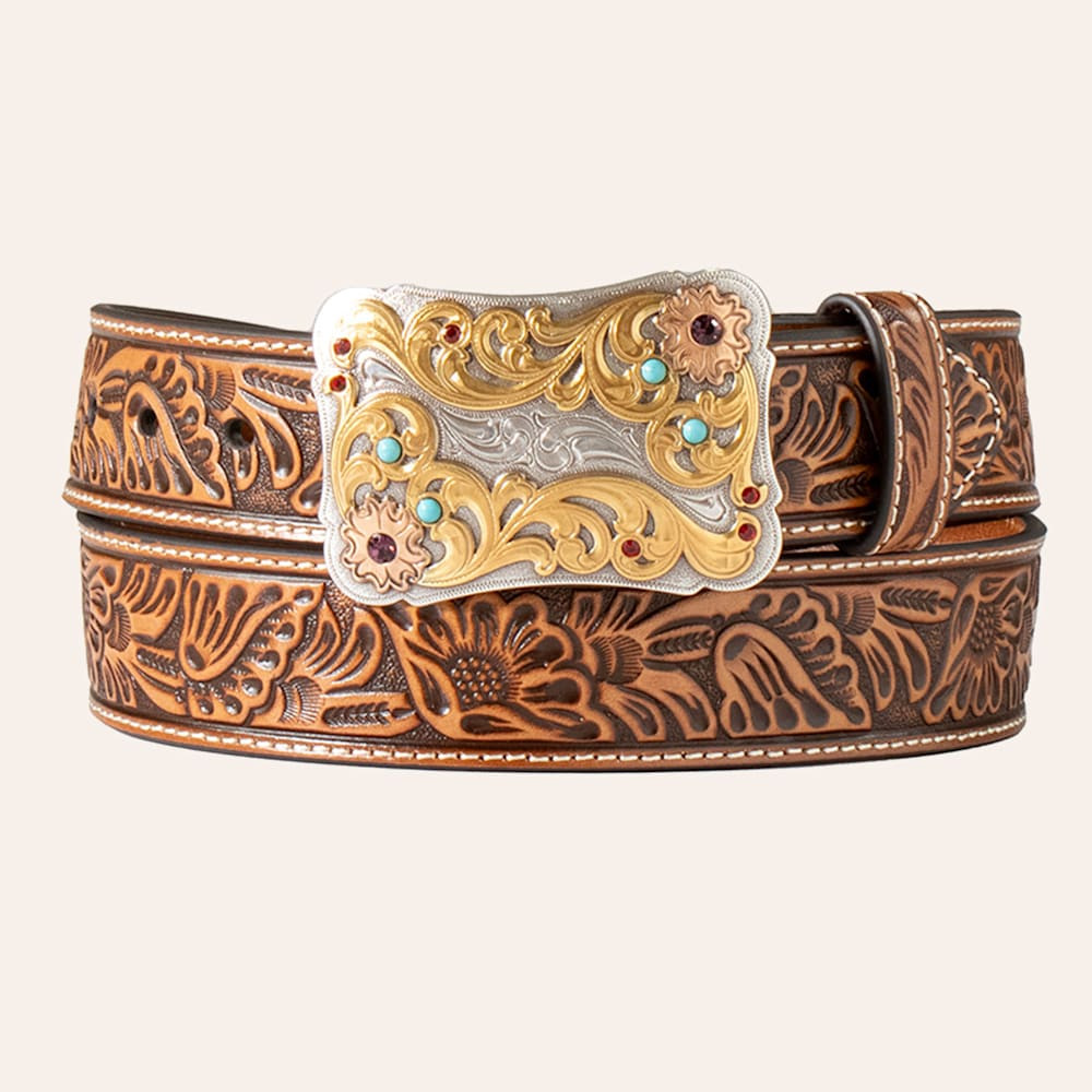 Nocona Ladies’ Tan Floral Tooled Leather with Filigree Gold Buckle Belt | Cavender's