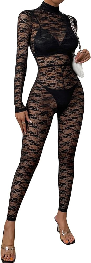 MakeMeChic Women's Sheer Lace Long Sleeve Mock Neck Bodycon Jumpsuit Unitard Bodysuit | Amazon (US)