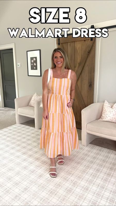 Walmart dress.  😍🩷☀️ The perfect summer dress. Wore it to church yesterday & it’s so comfy!!! TTS - M 

Size 8 dress Walmart free assembly beach dress vacation outfit striped dress pink dress orange yellow dress Walmart finds Walmart dress size medium size large 155lb midsize outfits dress style mom dress dress with pockets 

#LTKFind #LTKunder50 #LTKstyletip