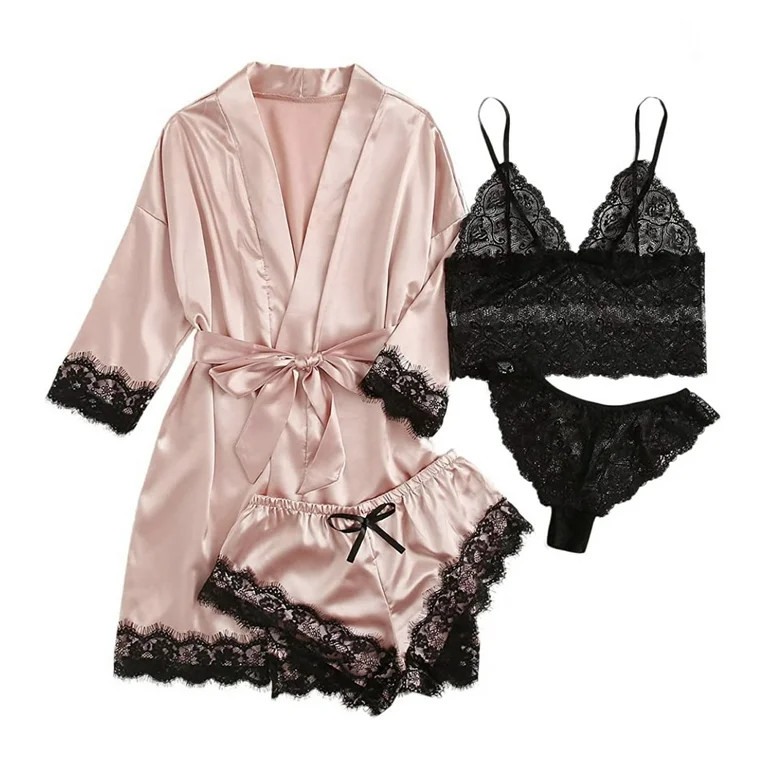 AMITOFO Robes for Women Satin Silk Pajamas Set 4pcs Lace Trim Cami Sexy Lingerie Sleepwear Underw... | Walmart (US)