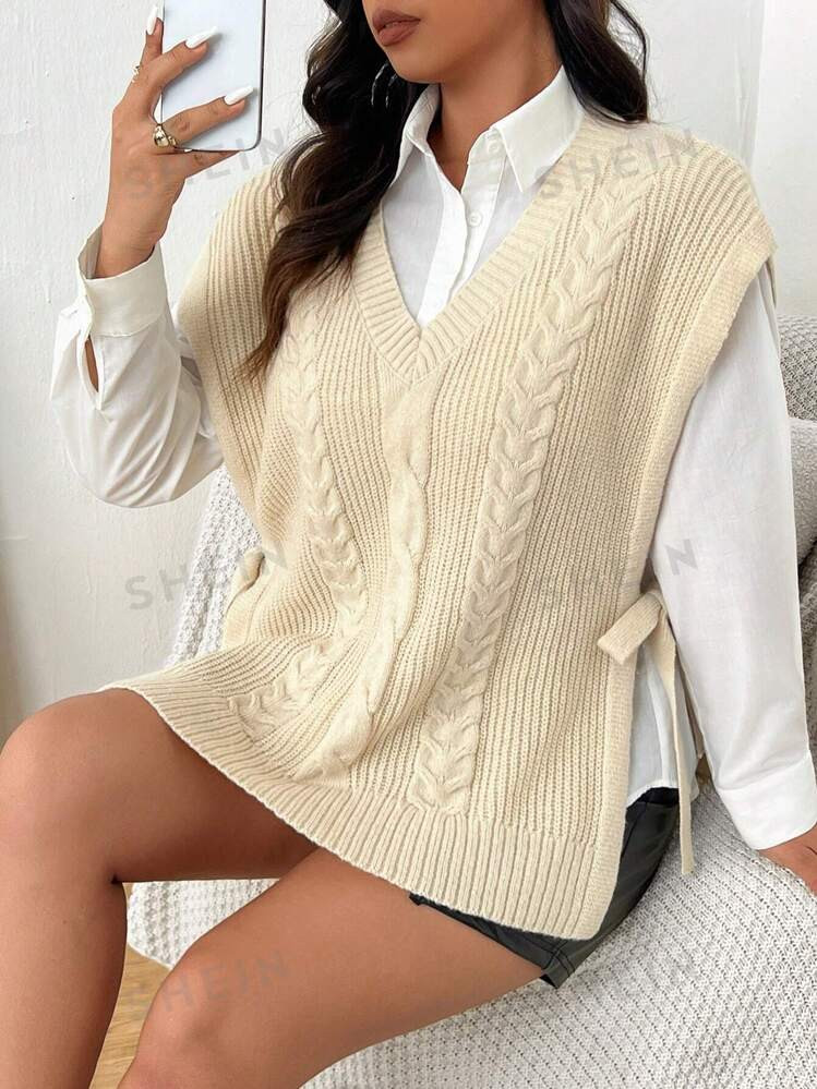 TrendsSHEIN Frenchy Plus Size Women Knitted Waistcoat With Bow Tie Side, Multi-Way Wearable | SHEIN