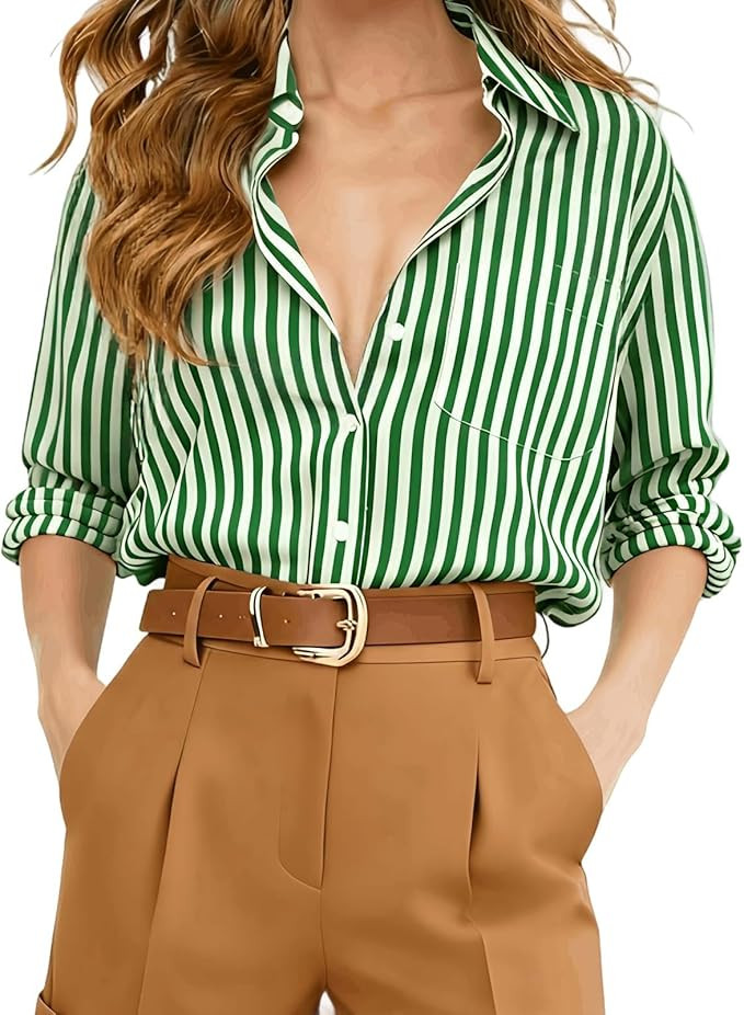 Button Down Shirts for Women Striped Long Sleeve Wrinkle Resistant Blouses Super Soft Collared Bu... | Amazon (US)