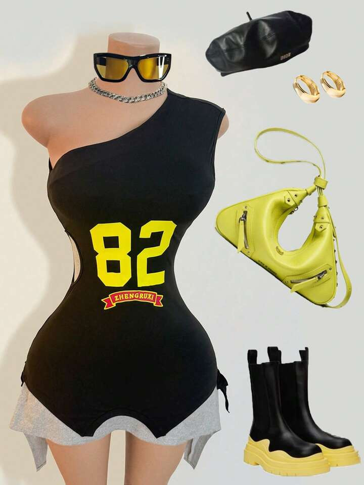 BamGleam BamGleam Asymmetrical Neckline Fitted Asymmetrical Hem Fashion Print Dress For Women,Wom... | SHEIN