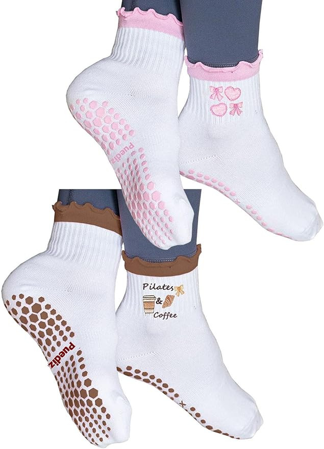 Women Cute Pilates Socks Grip Crew Yoga Socks Ruffle Cuff Embroidery Pattern Workout Ballet Socks | Amazon (US)