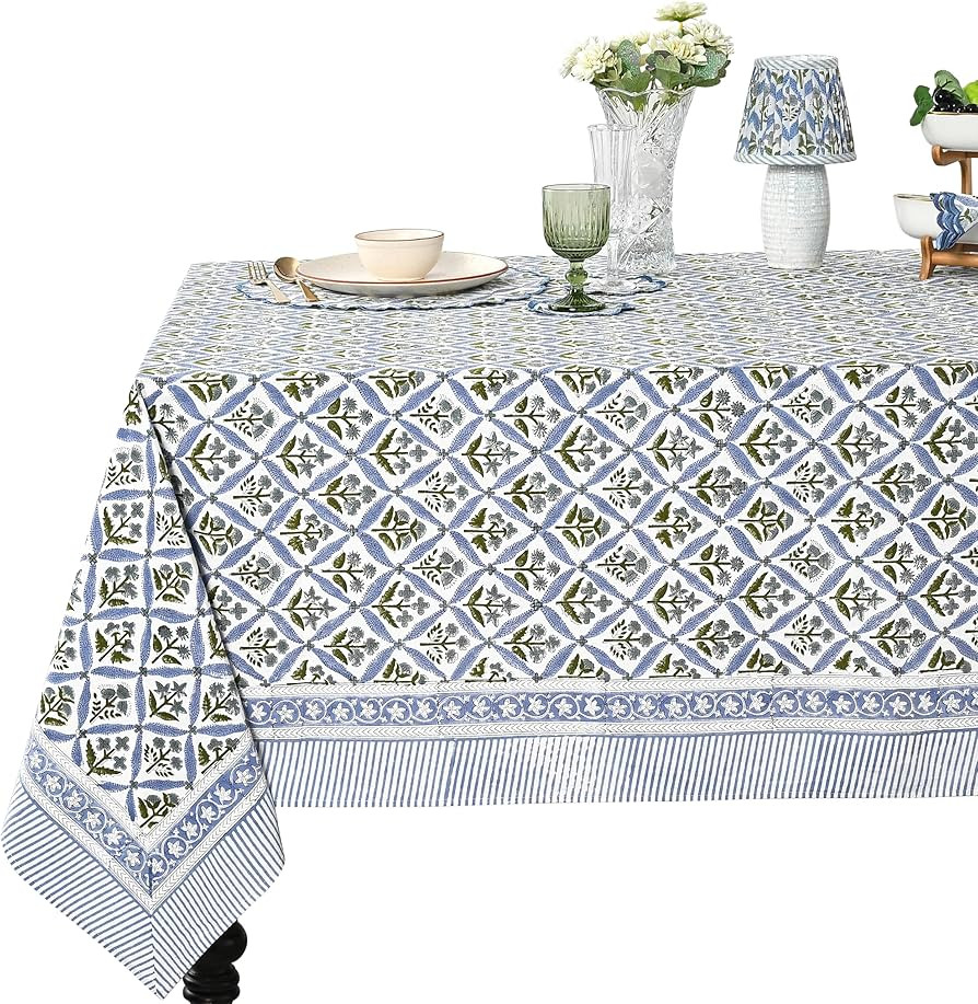 Ridhi Light Steel Blue Hand Block Print Cotton Rectangle Tablecloth 118" x 70" inches Reusable Ta... | Amazon (US)