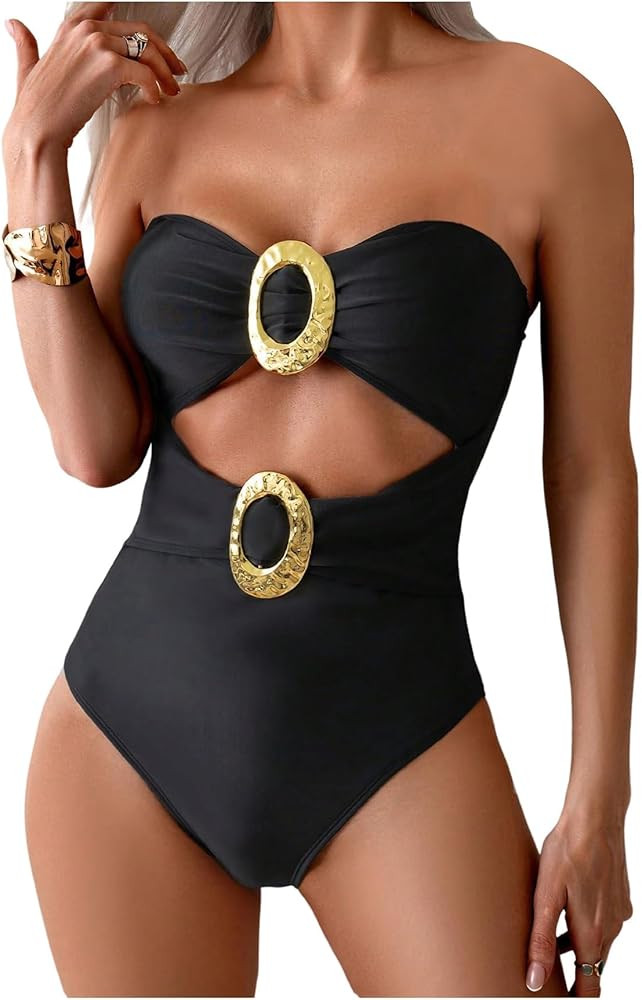 Milumia Women's Metal Ring One Piece Swimsuit Cut Out Strapless Bandeau Bathing Suits | Amazon (US)
