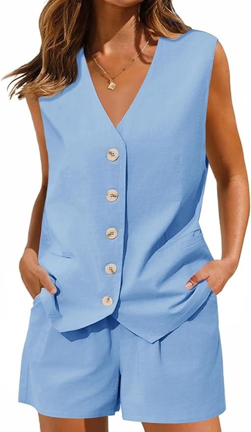 Cicy Bell Womens Summer Blazer Vest 2 Piece Sets V Neck Sleeveless Button Down Waistcoat and High... | Amazon (US)
