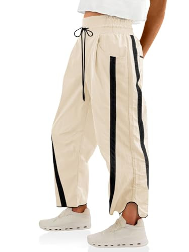 Fisoew Women's Baggy Wide Leg Pants Casual Drawstring Elastic Waisted Contrast Color Workout Y2K Track Pants Apricot | Amazon (US)