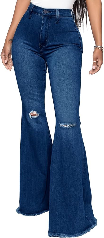 YouSexy Women's Flare Bell Bottom Jeans Knee Ripped Fitted Destroyed Flare Denim Pants 70s Outfit... | Amazon (US)