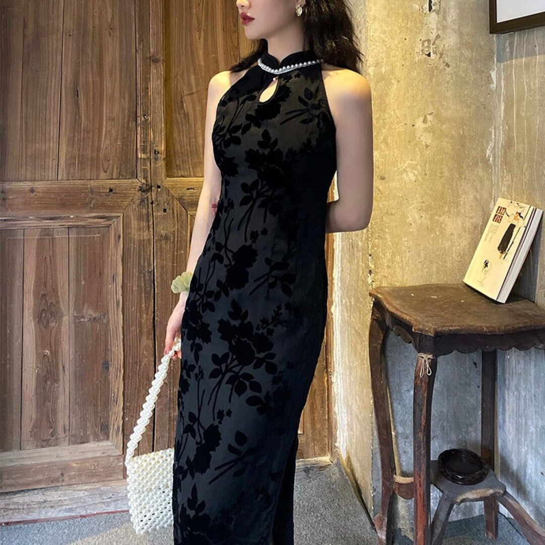 Customized Soft Satin Qipao Black Jacquard Floral Choengsam - Etsy | Etsy (US)