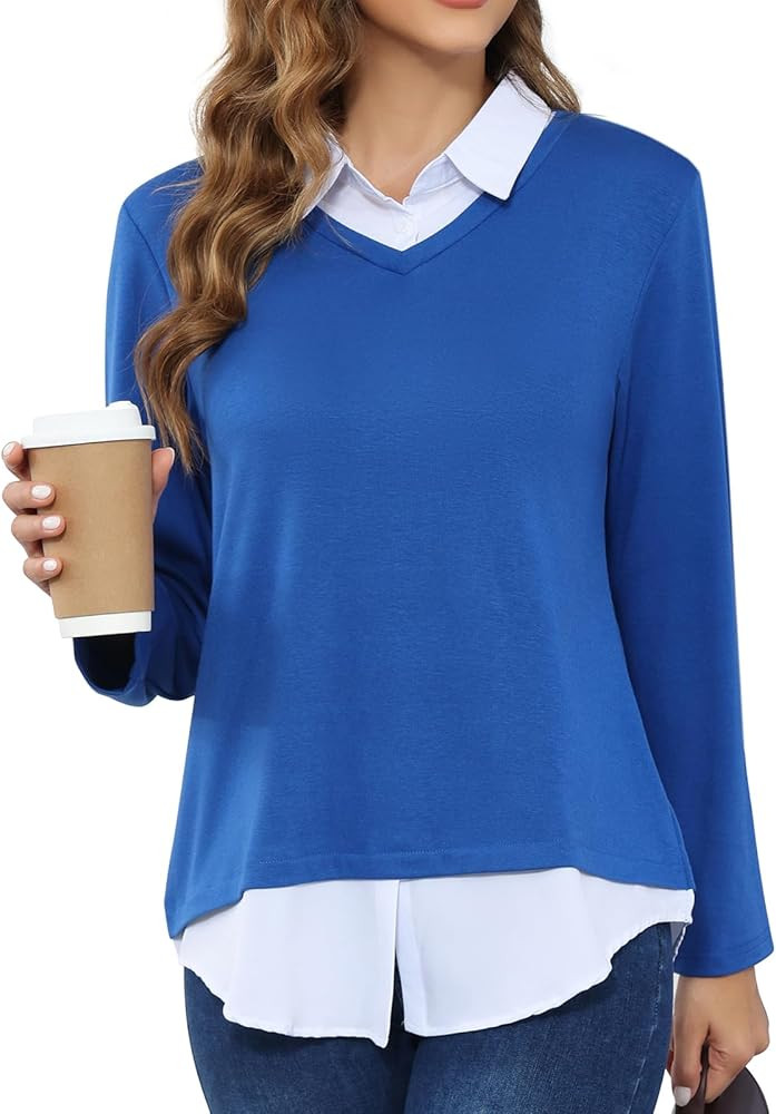 MISS FORTUNE Women's V-Neck Fall Winter Sweater Collar 2 in 1 Casual Long Sleeve Patchwork Office... | Amazon (US)