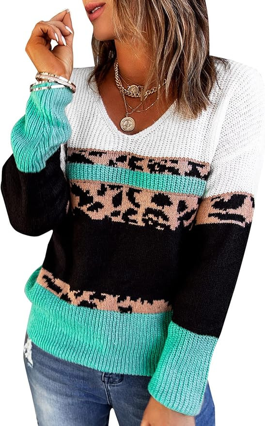 Dokotoo Womens Color Block Sweaters Long Sleeve Crewneck Pullover Knit Jumper Tops | Amazon (US)