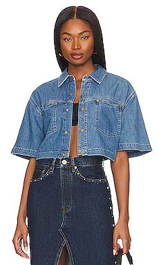 RE/DONE Oversized Crop Shirt in Stoned Ciel from Revolve.com | Revolve Clothing (Global)