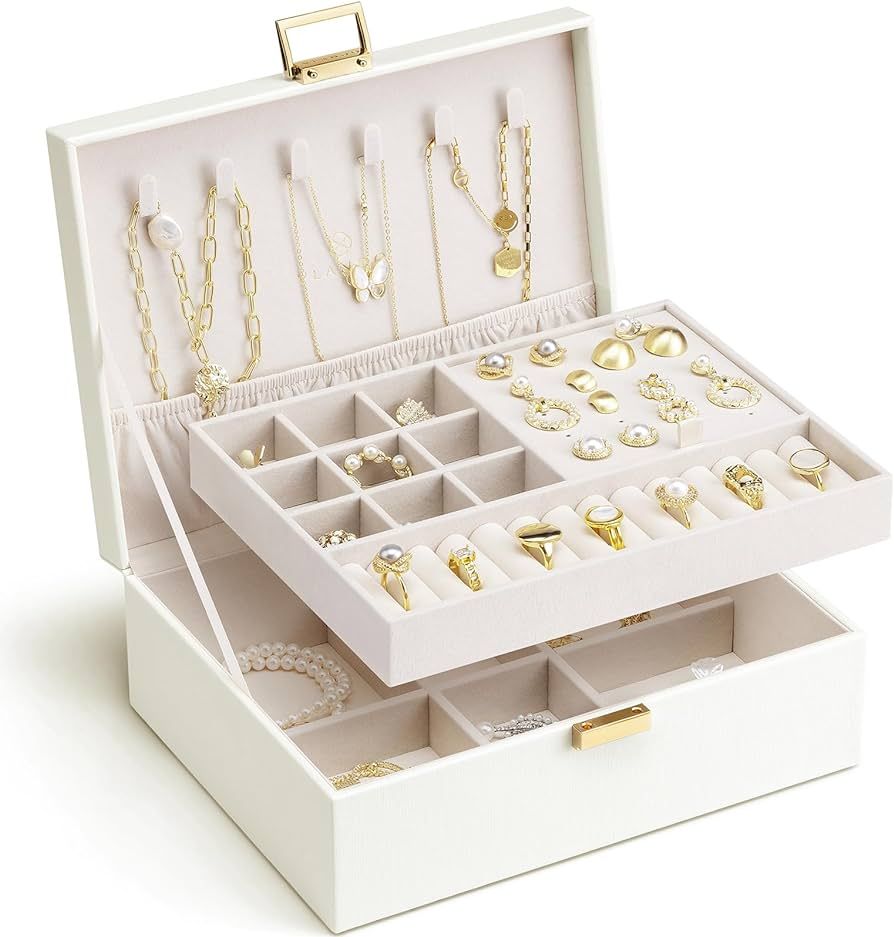 Vlando 2 Layer Jewelry Box Large Jewelry Organizer for Women Removable Jewelery Tray for Necklace... | Amazon (US)