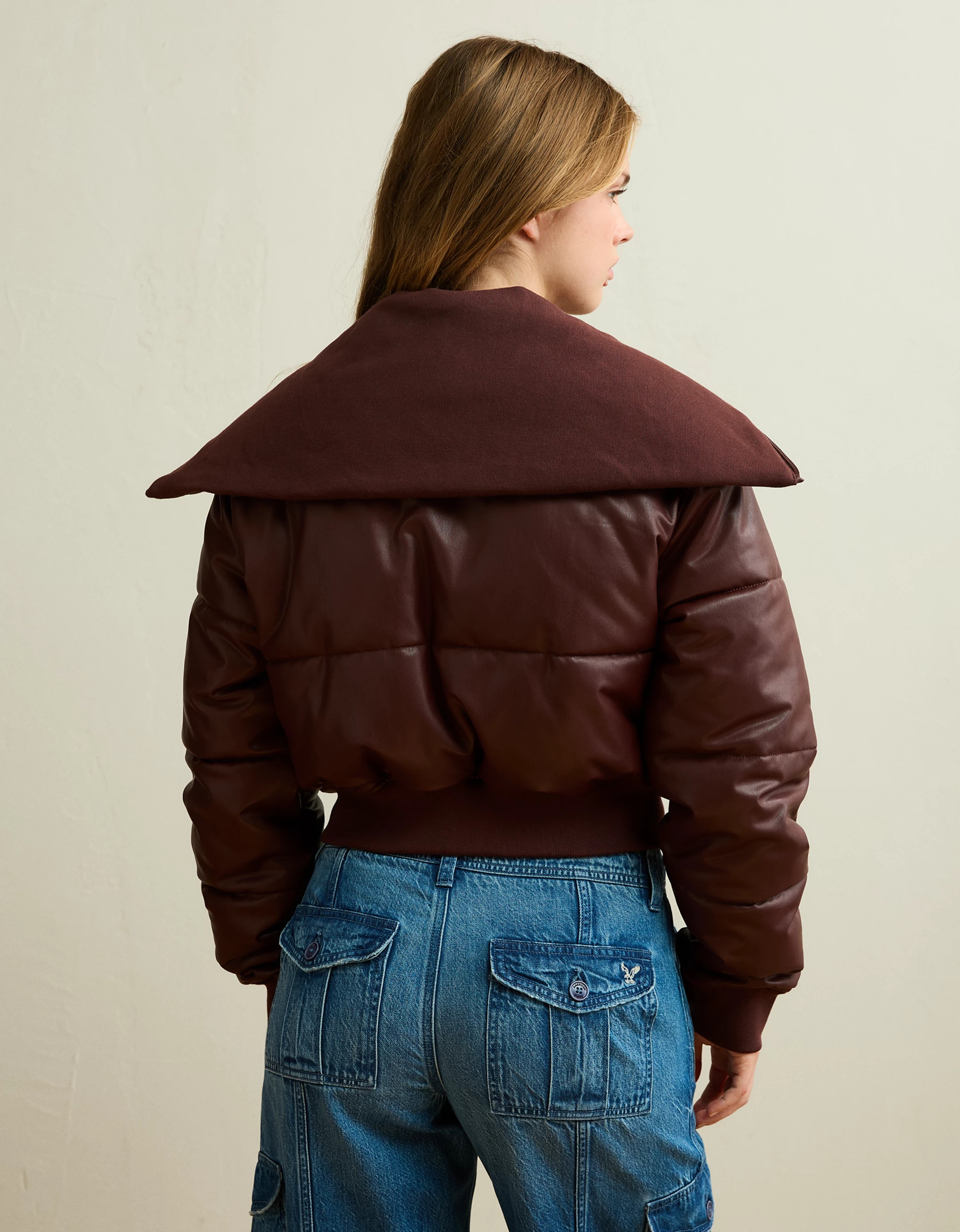 AE Vegan Leather Cropped Puffer Jacket | American Eagle Outfitters (US & CA)