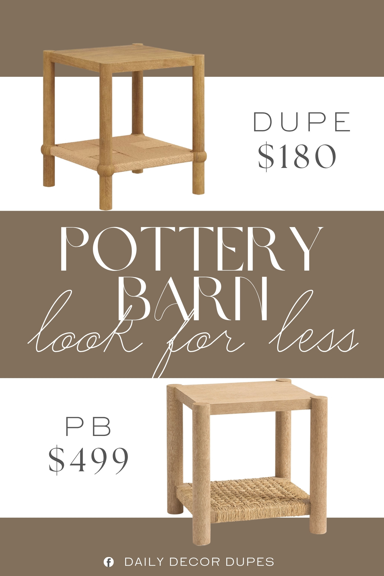 The Pottery Barn Bolinas Square Woven Side Table features a natural wood frame, open silhouette, and woven lower shelf that adds an inviting coastal-inspired touch. The compact square shape makes it a practical choice beside a sofa, accent chair, bed, or even as a plant stand in a smaller space. At around $180, compared with the $499 designer version shown, a similar style offers an approachable way to add natural texture and relaxed character to your home. 🪵✨🏡

Home more affordable option find similar look for less budget friendly affordable cheap cheaper beautiful pretty. Clearance sale coupon code discount code promo code luxury Inspo inspiration inspired by idea ideas Love like these? I share multiple every day in my FB group.
#PotteryBarnInspired #SideTable #WovenSideTable #SquareSideTable #WoodSideTable #AccentTable #CoastalHomeDecor #LivingRoomFurniture 

 #LTKHome