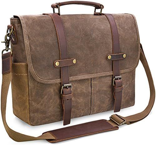Mens Messenger Bag 15.6 Inch Waterproof Vintage Genuine Leather Waxed Canvas Briefcase Large Satc... | Amazon (US)