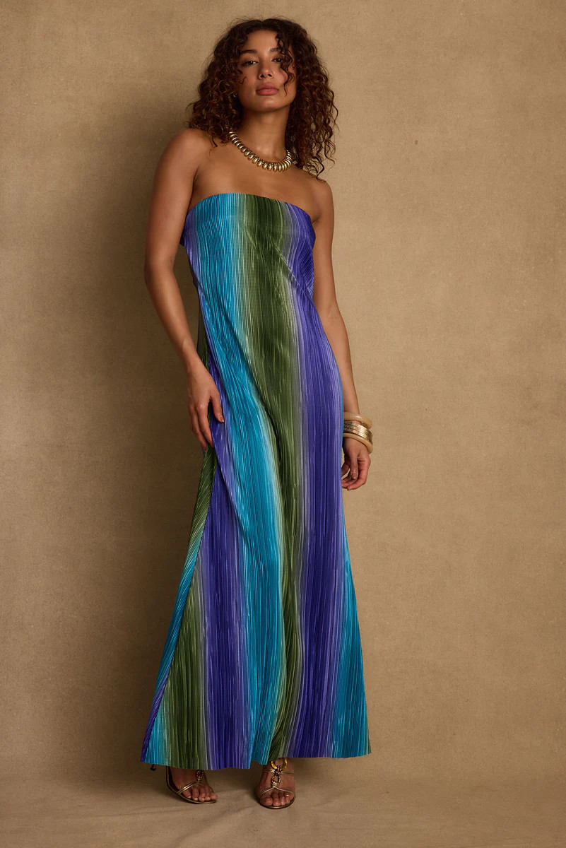 Natalia Blue Striped Strapless Plisse Maxi Dress | 12th Tribe