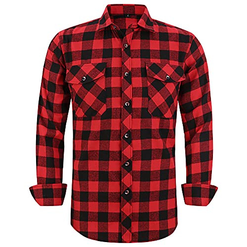 Flannel Plaid Shirt for Men - Regular-Fit Long-Sleeved Casual Button-Down Shirt (Red Black Buffalo Check, Large) | Amazon (US)