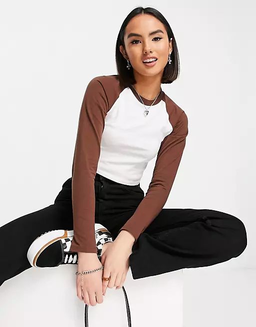 ASOS DESIGN fitted long sleeve top with contrast raglan in white with brown | ASOS (Global)