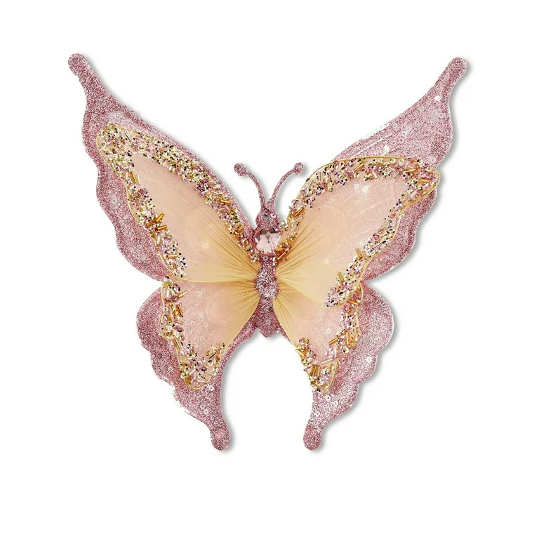 Pink and Gold Glittered Sheer Jumbo Butterfly Clip-on Ornament, 7.8 in, by Holiday Time | Walmart (US)