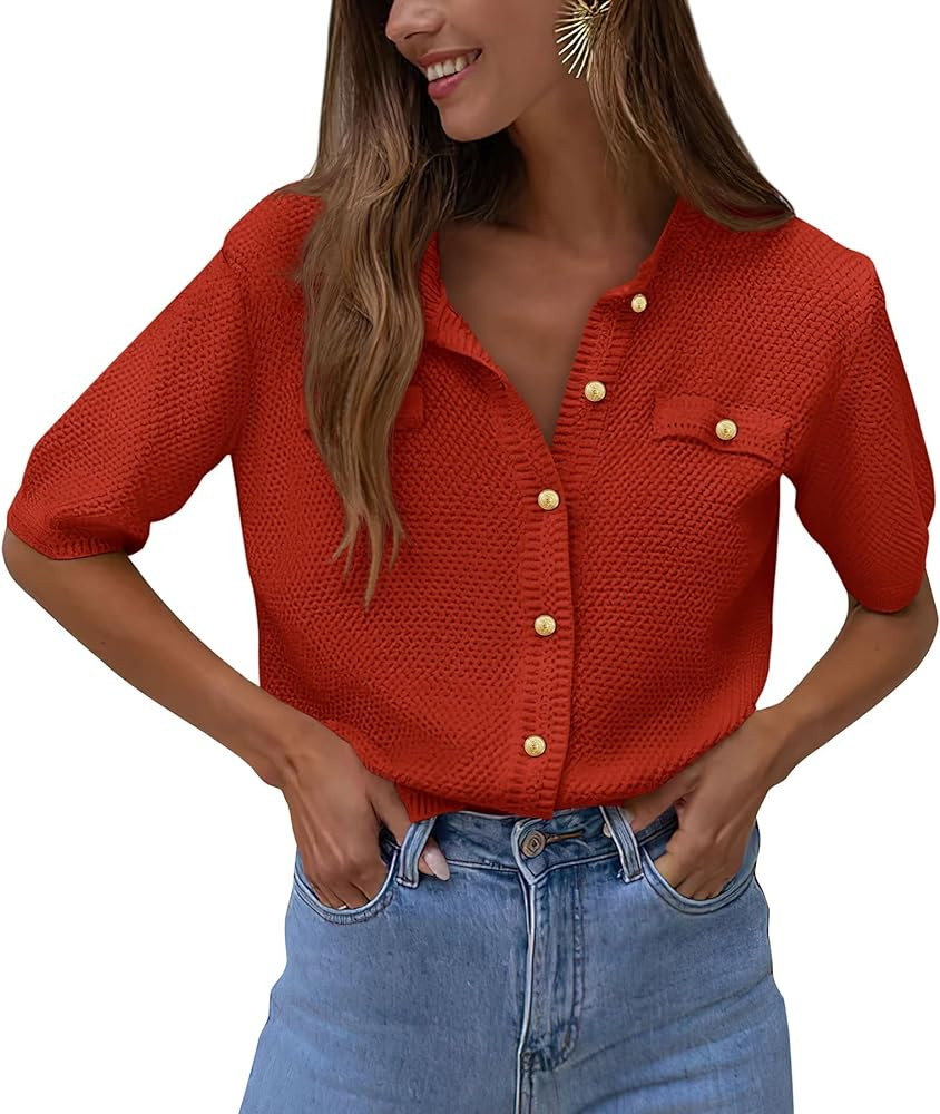 PRETTYGARDEN Women's Summer Button Down Shirts Casual Short Sleeve Crew Neck Ribbed Knit Blouse T... | Amazon (US)