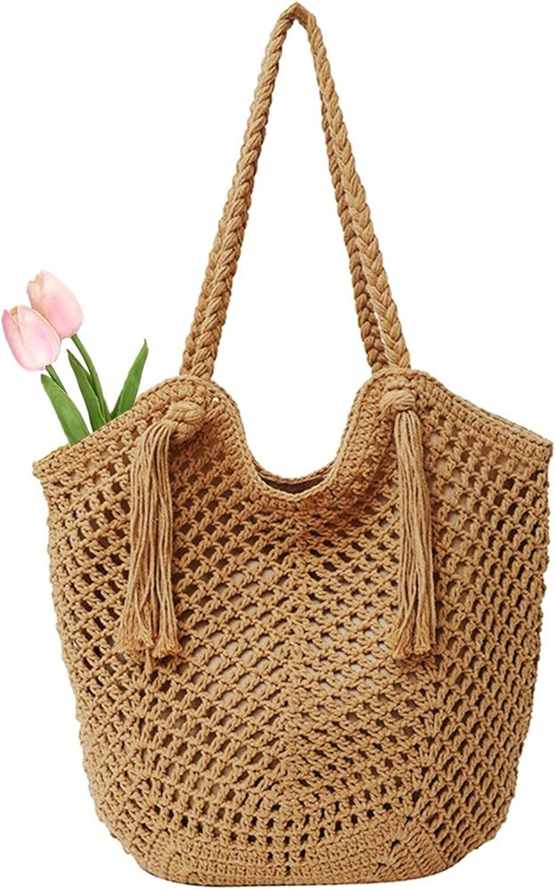 Peicees Crochet Beach Tote Bag For Women 2025 Bohemian Shoulder Bag Purse With Leak-Proof Lining ... | Amazon (US)